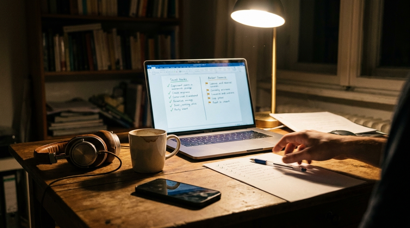 A musician's desk at night with a laptop showing a split page of praise and criticism notes, a paper checklist with handwritten ticks, headphones, and a cooling mug of coffee under a warm desk lamp.