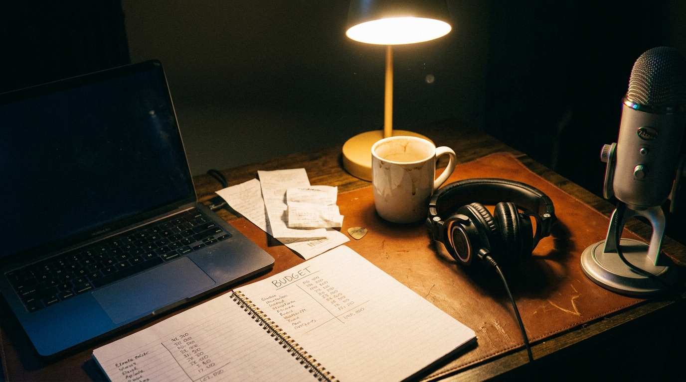 A late-night home-studio desk: an open laptop, a paper notebook scrawled with a hand-written budget column of dollar figures, crumpled receipts, a coffee mug, headphones and a desktop condenser mic under a warm desk lamp.