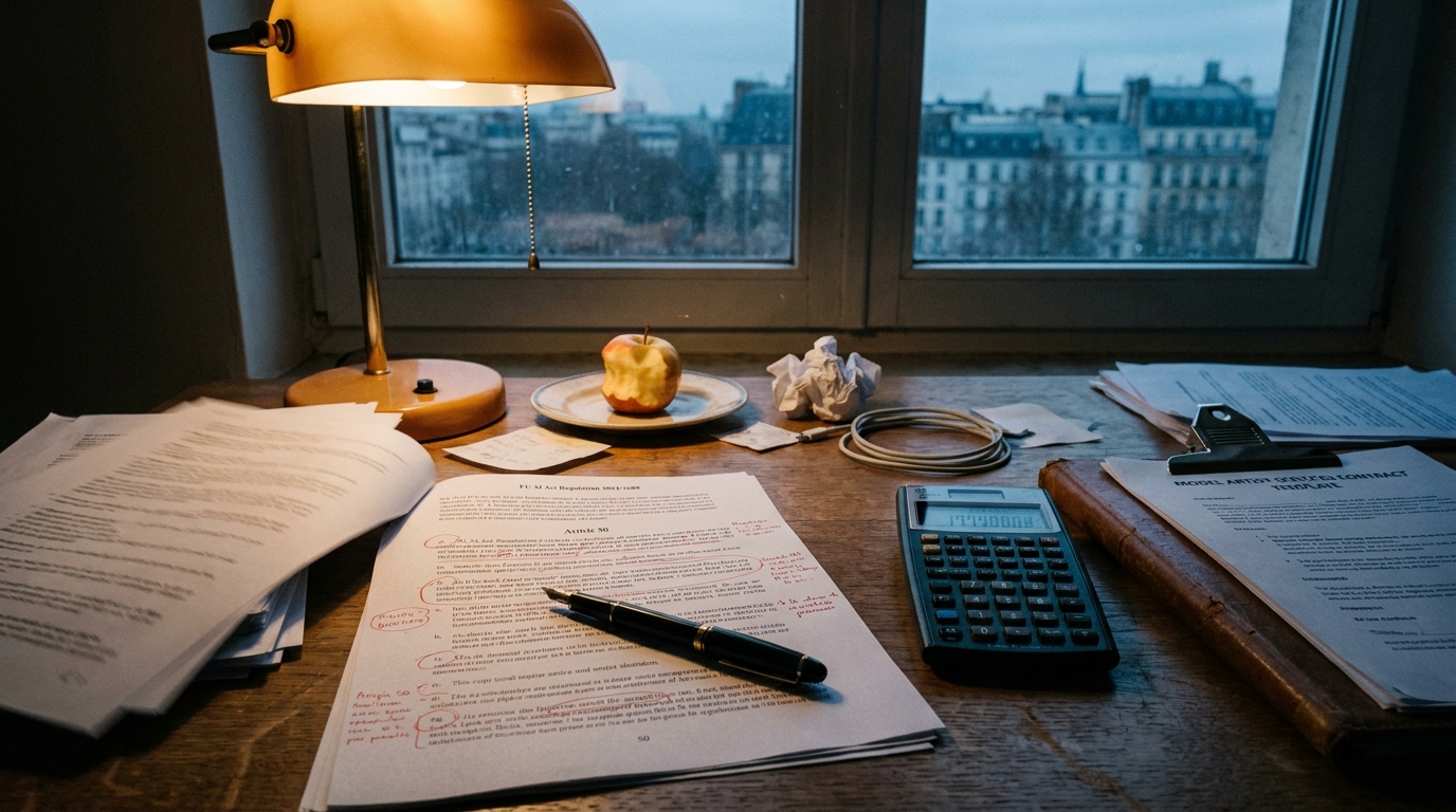 An EU compliance attorney's desk at twilight: a printed copy of the EU AI Act Regulation 2024/1689 lying open with red ink margin notes circling Article 50 transparency obligations, a financial calculator showing a seven-figure subtotal, a model artist services contract template clipped to a steel binder, a fountain pen resting across the regulation, and a single warm desk lamp casting amber light across a worn oak desk.