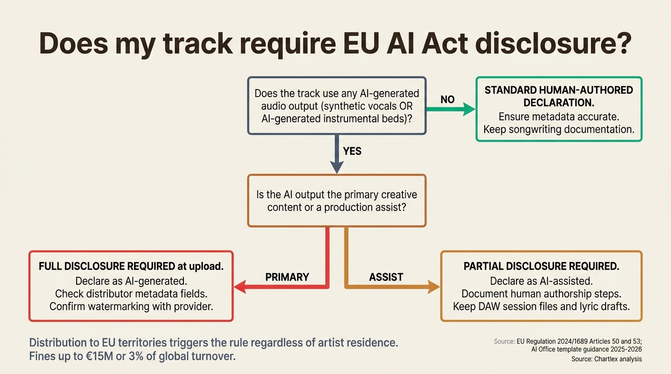 Vertical decision tree flowchart titled Does my track require EU AI Act disclosure: top node asking does the track use any AI generated audio output including synthetic vocals or AI generated instrumental beds branching yes to second node asking is the AI output the primary creative content or a production assist; yes branch leading to red box reading Full disclosure required at upload declare as AI generated check distributor metadata fields confirm watermarking with provider; no branch leading to amber box reading Partial disclosure required declare as AI assisted document human authorship steps keep DAW session files and lyric drafts; second top branch reading no AI used leading to green box reading Standard human authored declaration ensure metadata accurate keep songwriting documentation in case of dispute detection appeal; bottom note reading distribution to EU territories triggers the rule regardless of artist residence; source line reading EU Regulation 2024 1689 Articles 50 and 53 and AI Office template guidance 2025 to 2026 in muted slate type at the bottom