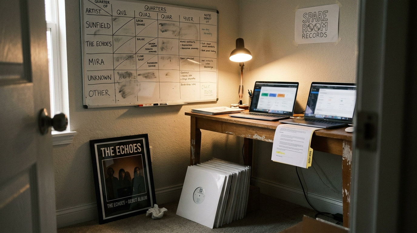 A spare-room record label office: a whiteboard release schedule with artist rows and quarter columns, two laptops on a worn desk, white-sleeved test pressings leaning against the desk, a framed debut album poster on the floor and a hand-made label sign on the wall.