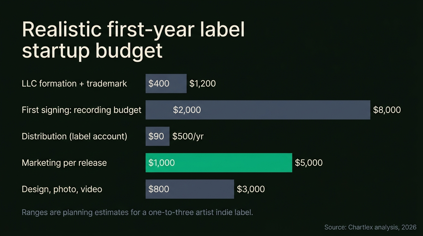 Range bar chart of first-year label startup costs: LLC formation and trademark $400 to $1,200, first signing recording budget $2,000 to $8,000, label distribution account $90 to $500 a year, marketing per release $1,000 to $5,000, design photo and video $800 to $3,000