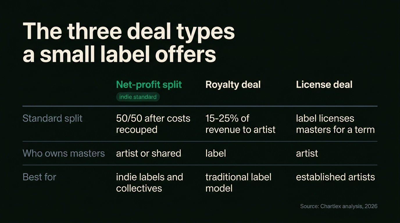 Comparison table of the three deal types small labels offer: the 50/50 net-profit split indie standard with artist or shared master ownership, the 15-25% royalty deal where the label owns masters, and the license deal where the artist keeps ownership for a term