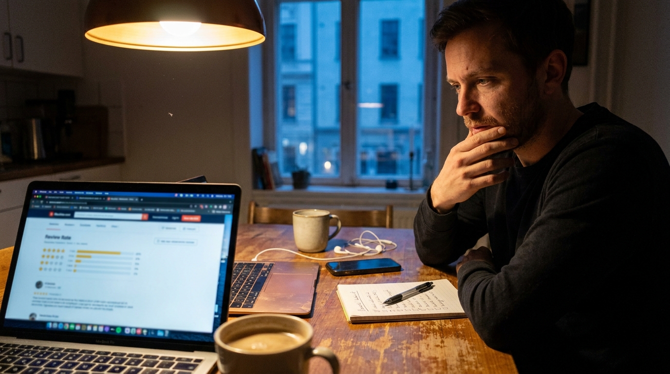 A musician at a kitchen table at night reading a review page on a laptop, taking handwritten notes, coffee and phone beside the notebook under a warm pendant lamp.