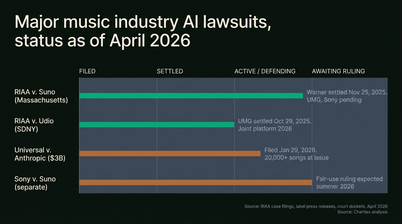 Timeline chart showing four major music industry AI lawsuits as of April 2026: RIAA v Suno Massachusetts in green status with Warner settled November 25 2025 UMG and Sony pending; RIAA v Udio SDNY in green with UMG settled October 29 2025 joint platform 2026; Universal v Anthropic 3 billion dollars in ochre filed January 29 2026 with 20000 plus songs at issue; Sony v Suno separate case in ochre awaiting fair-use ruling expected summer 2026