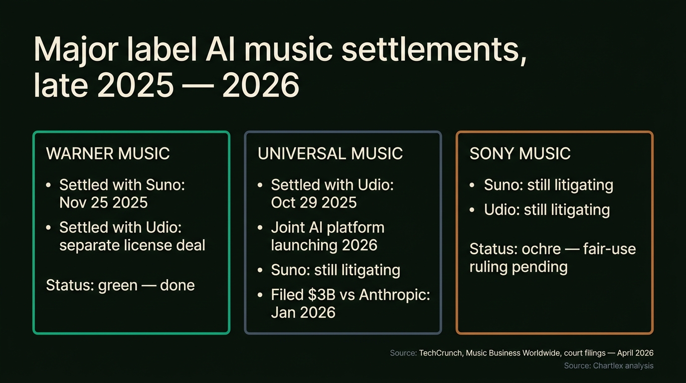 Settlement tracker showing three major label statuses in late 2025 to 2026: Warner Music settled with Suno November 25 2025 plus separate Udio license deal status green done; Universal Music settled with Udio October 29 2025 with joint AI platform launching 2026 still litigating Suno and filed 3 billion dollar suit versus Anthropic January 2026; Sony Music still litigating both Suno and Udio status ochre with fair-use ruling pending