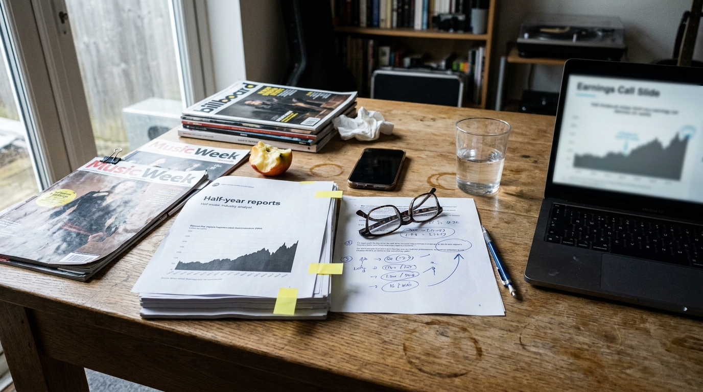 A music industry analyst's desk by a window: a printed half-year report stack with yellow sticky flags, handwritten notes with circled figures and a drawn arrow, reading glasses, stacked trade magazines, and a laptop showing an earnings-call slide.
