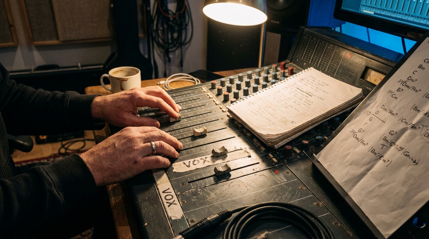 Independent artist reviewing a session file in a home studio with a Content Credentials provenance badge displayed on the laptop screen alongside DAW tracks.