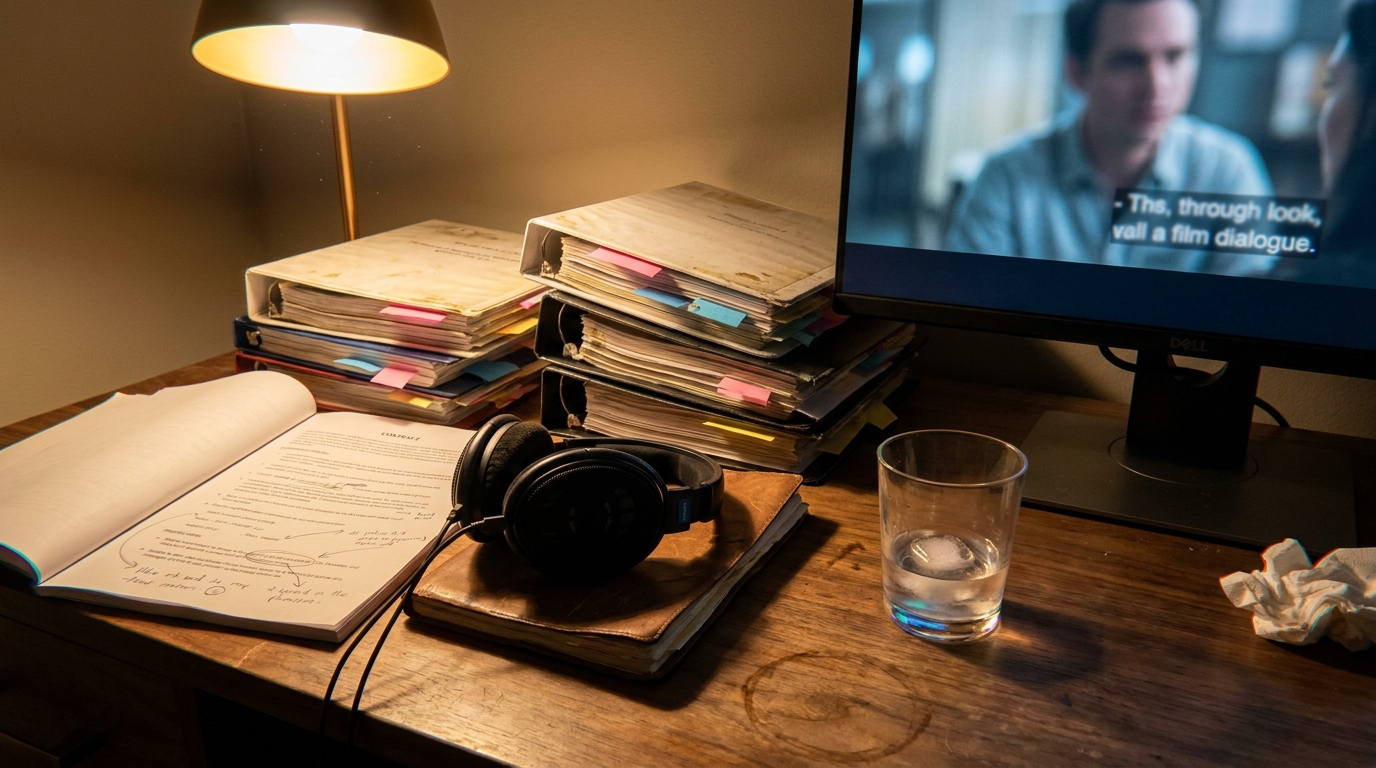 A music supervisor's late-night office: stacked production binders flagged with colored sticky tabs, an open contract with handwritten margin notes in pencil, Sennheiser HD600 headphones resting on a leather notebook, a half-full glass tumbler with melting ice, a calibrated screening monitor showing a paused dialogue scene, and a single warm desk lamp casting amber light across a worn walnut desk.