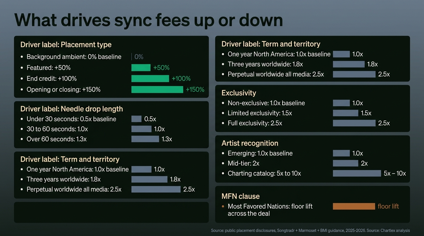 Vertical infographic listing six sync rate drivers with example fee deltas: Placement type with background plus 0 percent baseline featured plus 50 percent end credit plus 100 percent opening or closing plus 150 percent shown in green ascending bars; Needle drop length showing under 30 seconds at 0.5x baseline 30 to 60 seconds at 1.0x and over 60 seconds at 1.3x; Term and territory showing one year North America at 1.0x baseline three years worldwide at 1.8x perpetual worldwide all media at 2.5x; Exclusivity showing non-exclusive 1.0x baseline limited exclusivity 1.5x full exclusivity 2.5x; Artist recognition showing emerging 1.0x baseline mid-tier 2x charting catalog 5 to 10x; MFN clause shown as a flat lift on the floor of the deal; source line reading public placement disclosures Songtradr Marmoset BMI guidance 2025 to 2026 in muted slate type at the bottom