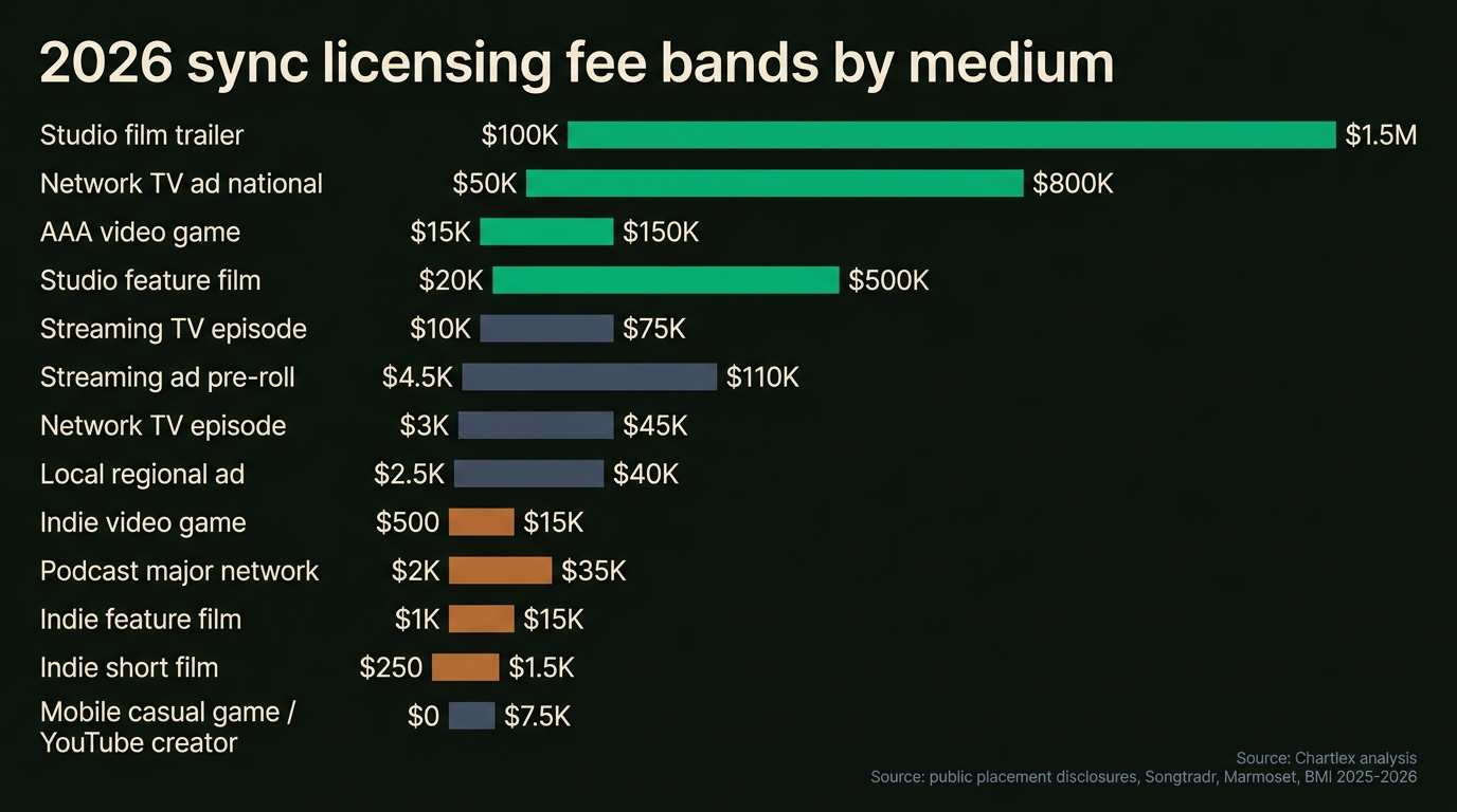 Horizontal range chart showing 2026 sync licensing fee bands by medium in US dollars on a log scale: Studio film trailer 100K to 1.5M shown in green at the top; Network TV ad national 50K to 800K in green; AAA video game 15K to 150K in green; Studio feature film 20K to 500K in green; Streaming TV episode 10K to 75K in slate; Network TV episode 3K to 45K in slate; Streaming ad pre-roll 4.5K to 110K in slate; Local regional ad 2.5K to 40K in slate; Indie video game 500 to 15K in ochre; Podcast major network 2K to 35K in ochre; Indie feature film 1K to 15K in ochre; Indie short film 250 to 1.5K at the bottom in ochre; Mobile casual game and YouTube creator 0 to 7.5K shown as ochre tail; data sourced from public placement disclosures Songtradr Marmoset BMI 2025 to 2026 reporting