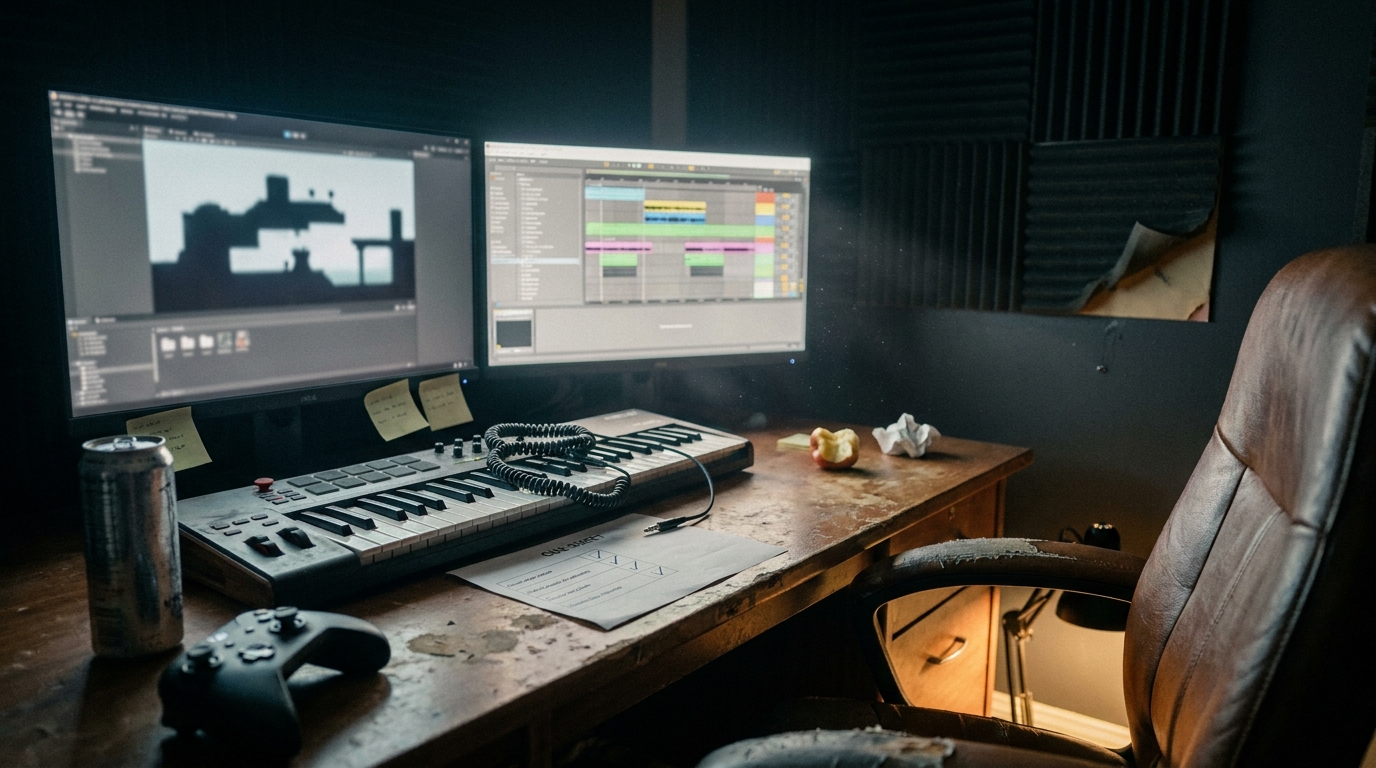 A game studio audio bay at night: two monitors showing a level editor and an audio middleware session, a MIDI keyboard with a coiled headphone cable, a printed cue sheet with ticked checkboxes, a game controller, and acoustic foam panels behind.