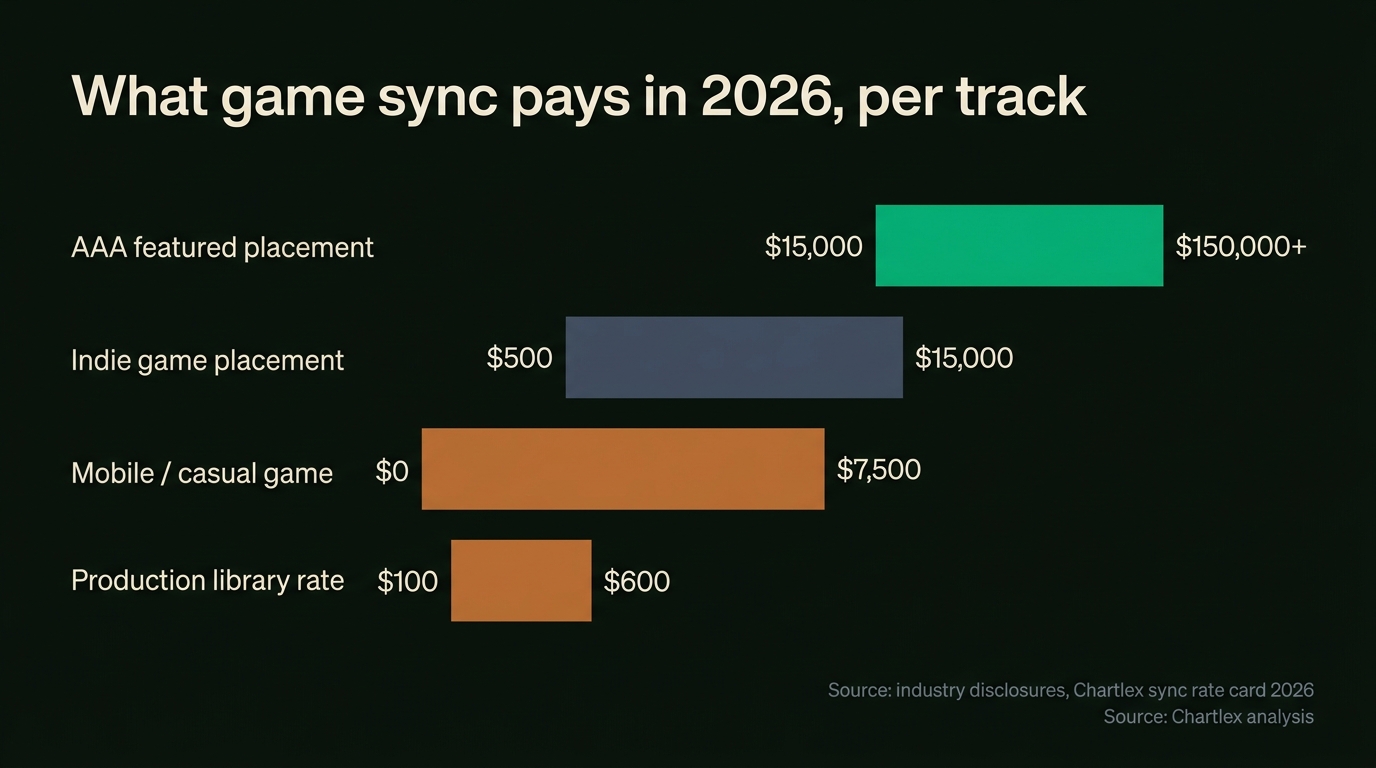 Range bar chart of 2026 game sync fees per track: AAA featured placements $15,000 to $150,000+, indie games $500 to $15,000, mobile and casual games $0 to $7,500, production library rates $100 to $600