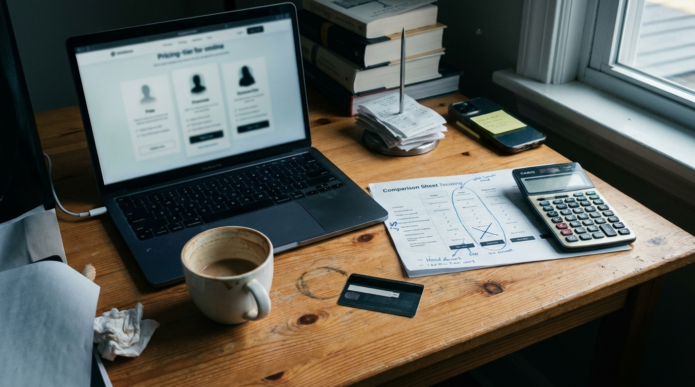 A musician's desk with a laptop showing a blurred three-tier pricing page, a printed comparison sheet annotated in blue pen with one column circled and one crossed out, a Casio calculator, a bank card, receipts on a spike, and a half-finished coffee.