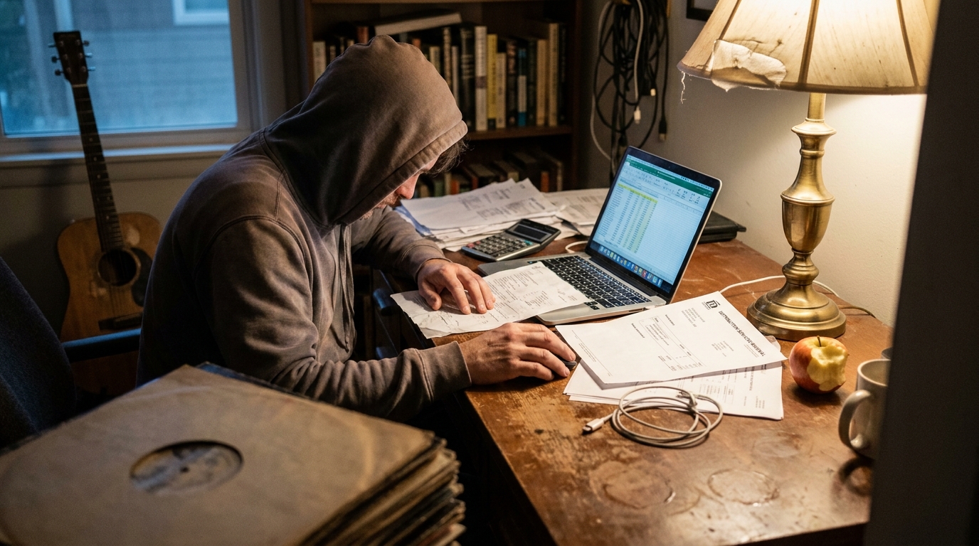 A musician's desk with a laptop showing a distributor royalty dashboard as a soft-focus silhouette, a printed pricing sheet with yellow highlighter marks, a calculator and a coffee mug in morning window light.