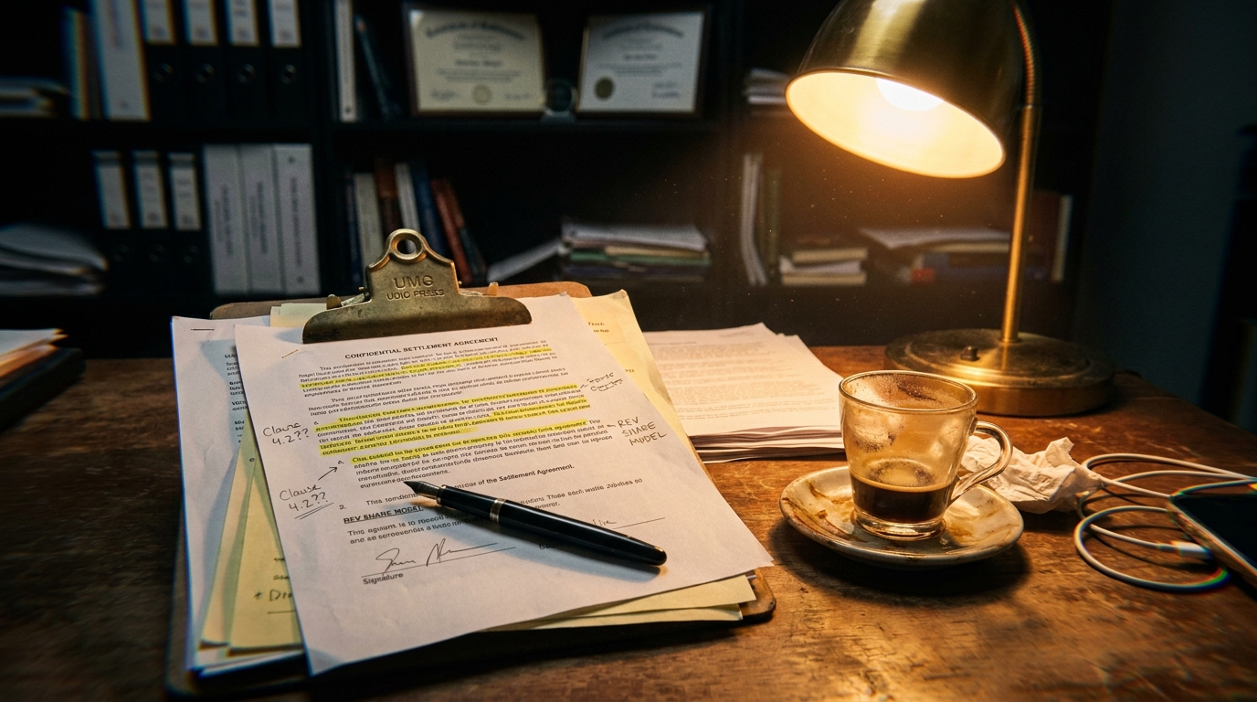 Editorial photo of a music attorney's late-night desk: a stack of Universal Music Group and Udio press releases pinned under a brass weight, a marked-up settlement document with yellow highlighter trails and pencil annotations in the margins, a black fountain pen resting across the signature line, a half-empty espresso cup on a saucer, and a single warm desk lamp casting amber light across worn walnut, the rest of the room dim.
