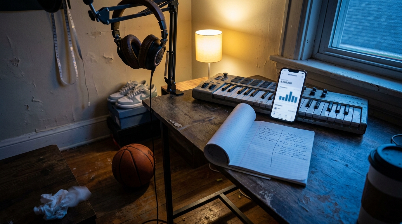 A bedroom studio corner at dusk: a phone on a MIDI keyboard showing a blurred royalty dashboard, headphones on a mic arm, a notebook open to a handwritten pros and cons list, a basketball on the floor and sneakers on a shoebox by the wall.