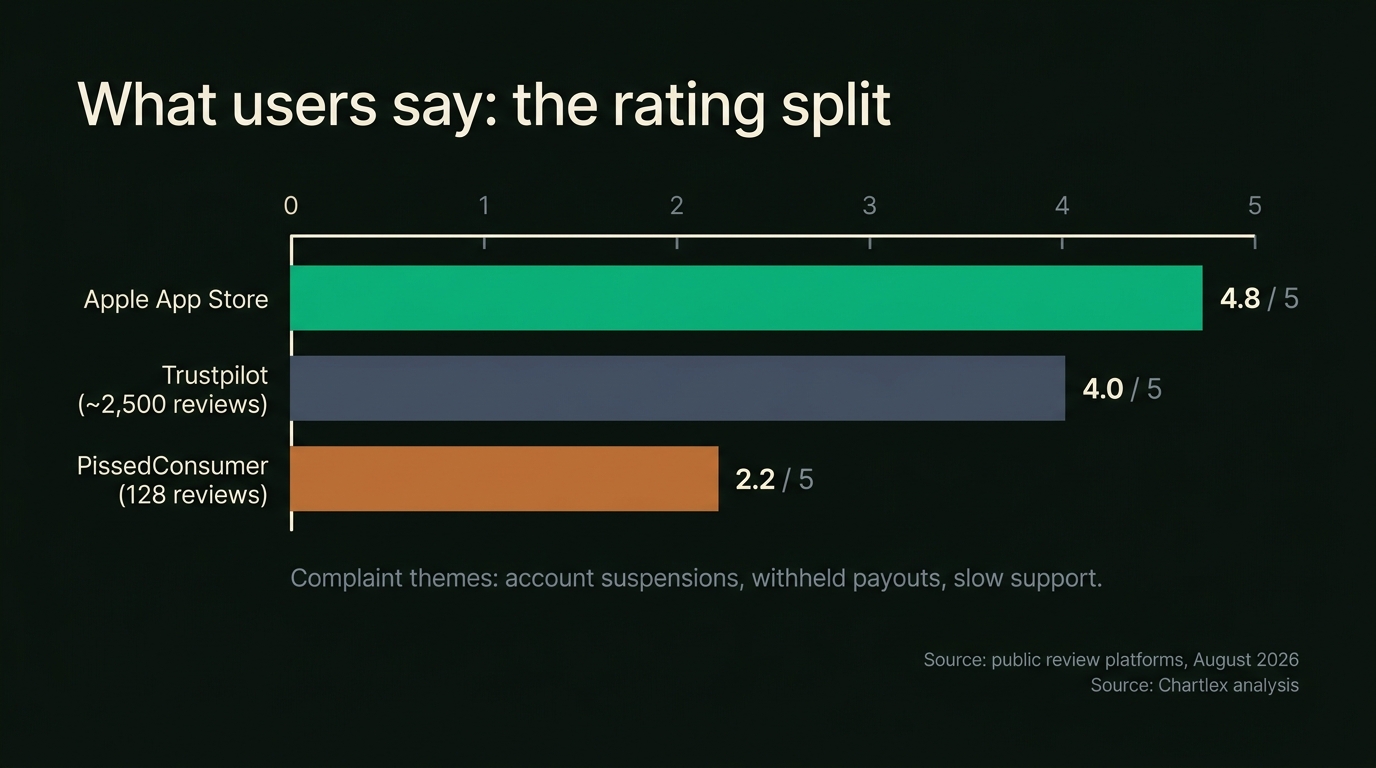 Bar chart of UnitedMasters ratings: 4.8 of 5 on the Apple App Store, 4.0 of 5 across roughly 2,500 Trustpilot reviews, 2.2 of 5 on PissedConsumer, with complaint themes of account suspensions, withheld payouts and slow support