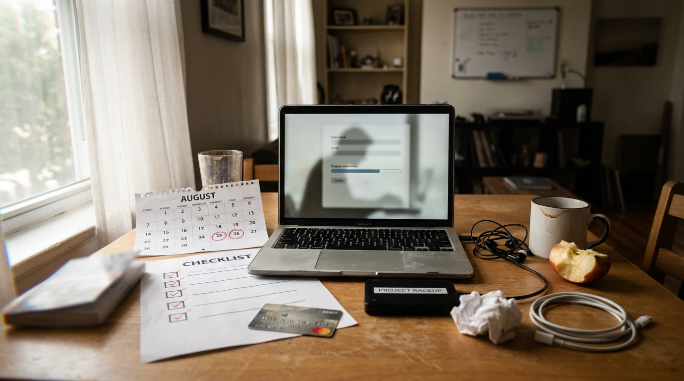 An artist's kitchen table in August: a laptop open to a submission portal form, a torn-out August calendar page with dates circled in red, a printed checklist with boxes ticked, a debit card, an external hard drive, and a cold mug of coffee.