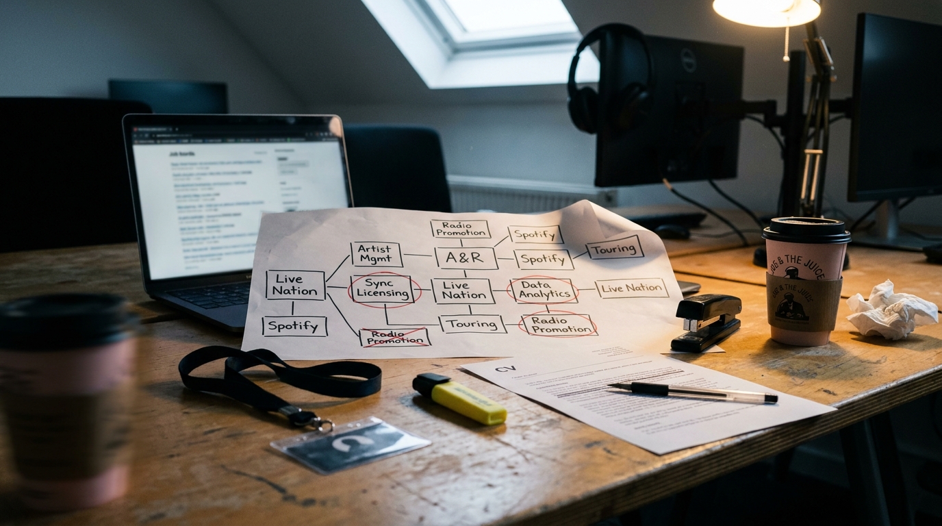 A workspace desk with a hand-drawn map of music industry roles on a large sheet, boxes for A&R, sync licensing, touring and data analytics with several circled in red, next to a laptop showing a job board, a printed CV, a highlighter and a lanyard.