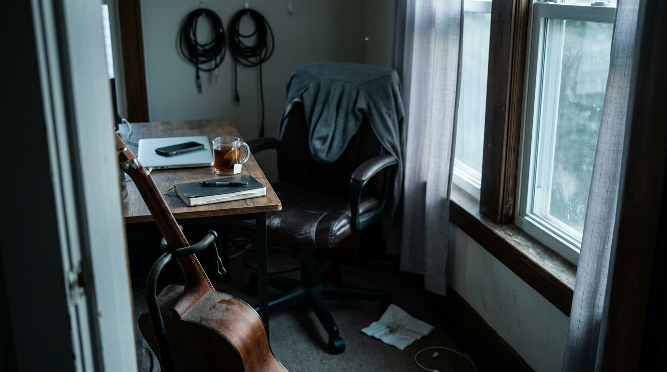 A small home studio at dawn: a guitar on its stand gathering light dust, a closed laptop with a phone face-down on it, a full mug of tea gone cold, a closed notebook, and a hoodie draped over the pushed-back chair.
