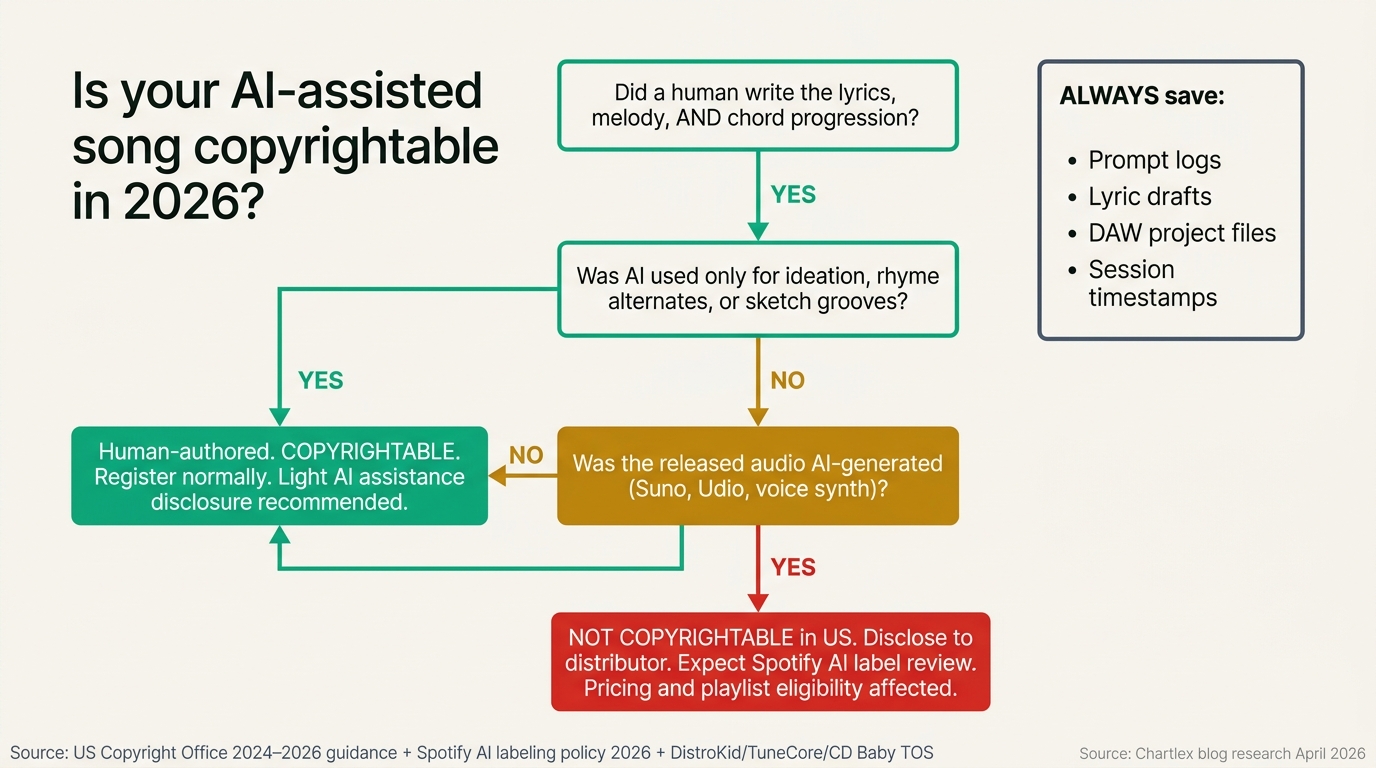 Vertical decision flowchart on an off-white background mapping a song through copyright and distribution gates: top box labelled Did a human write the lyrics melody and chord progression. Yes branch in green leading to box labelled Was AI used only for ideation rhyme alternates or sketch grooves. Yes branch in green leading to box labelled Human authored copyrightable register normally light AI assistance disclosure. No branch leading to box labelled Was the audio you released generated by AI Suno Udio voice synth. Yes branch in red leading to box labelled Not copyrightable in US disclose to distributor expect Spotify AI label review pricing and playlist eligibility. No branch in green leading back to Human authored. Side box in slate labelled Always Save prompt logs Save lyric drafts Save DAW project files Save session timestamps. Footer line reading Source US Copyright Office 2024 to 2026 guidance Spotify AI labelling 2026 distributor TOS DistroKid TuneCore CD Baby