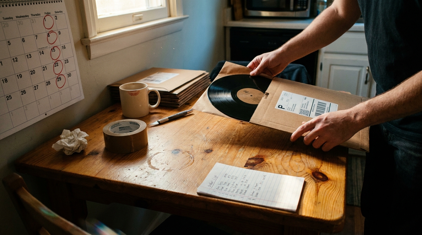 Calendar grid highlighting eight Bandcamp Friday 2026 dates with a vinyl record and pre-order checklist overlaid, signaling release planning workflow.