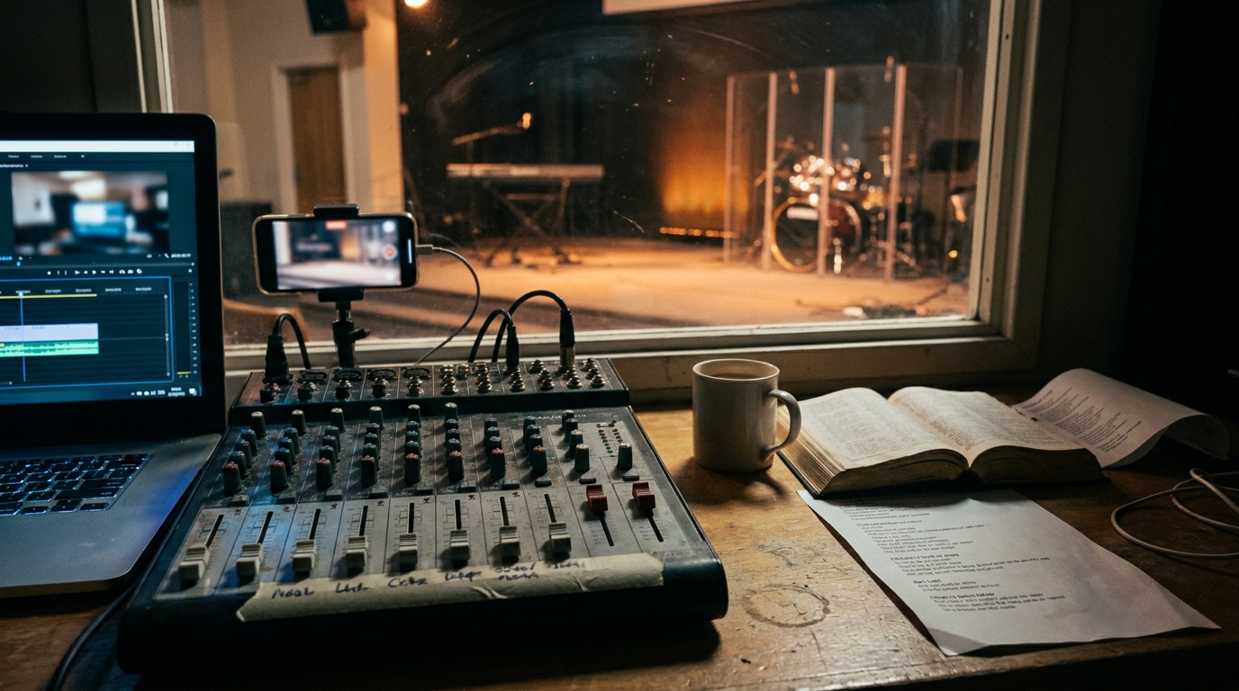 A small church sound booth in the evening with a mixing desk, a laptop editing video and a phone recording, looking through a window onto an empty stage with a keyboard and drum kit under warm lights.