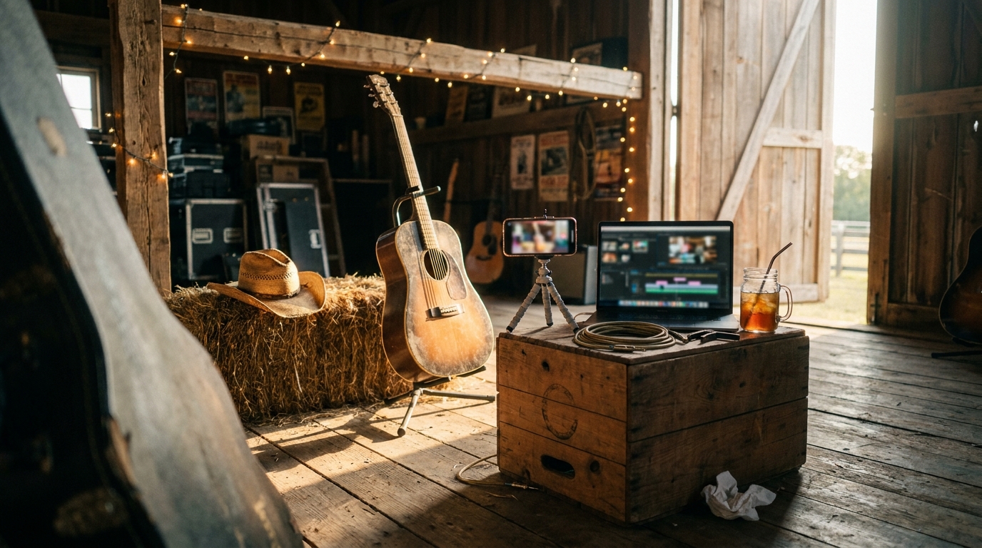 A barn rehearsal space at golden hour with an acoustic guitar on a stand, a straw hat on a hay bale, a phone on a small tripod and a laptop with a video timeline on a wooden crate.