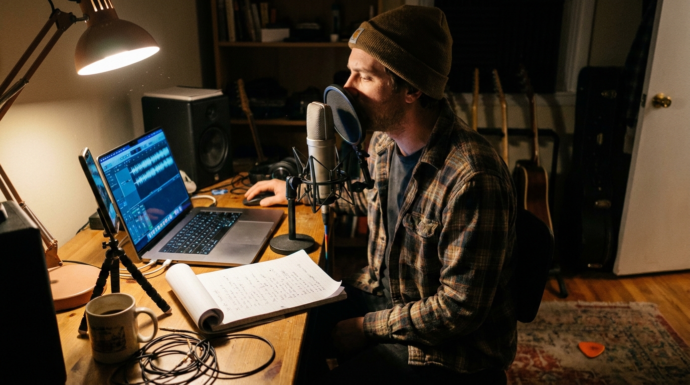 A songwriter at a cramped night-time bedroom studio leaning into a condenser mic, with a phone propped vertically on a tripod, a laptop showing a waveform editor, and a curling lyric notebook on a weathered wooden desk.