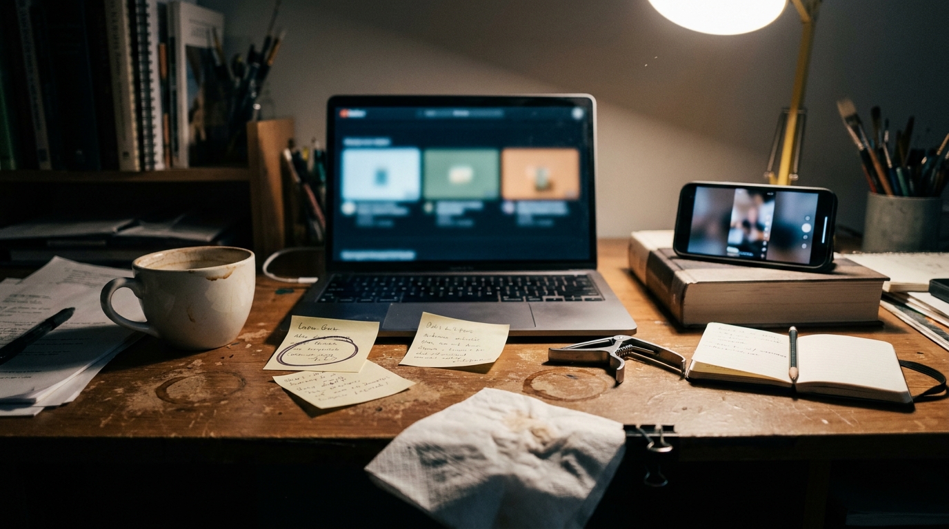 An artist's desk with a laptop showing three blurred thumbnail options side by side, a phone playing a vertical clip, sticky notes with handwritten titles and a cup of coffee in warm lamp light.