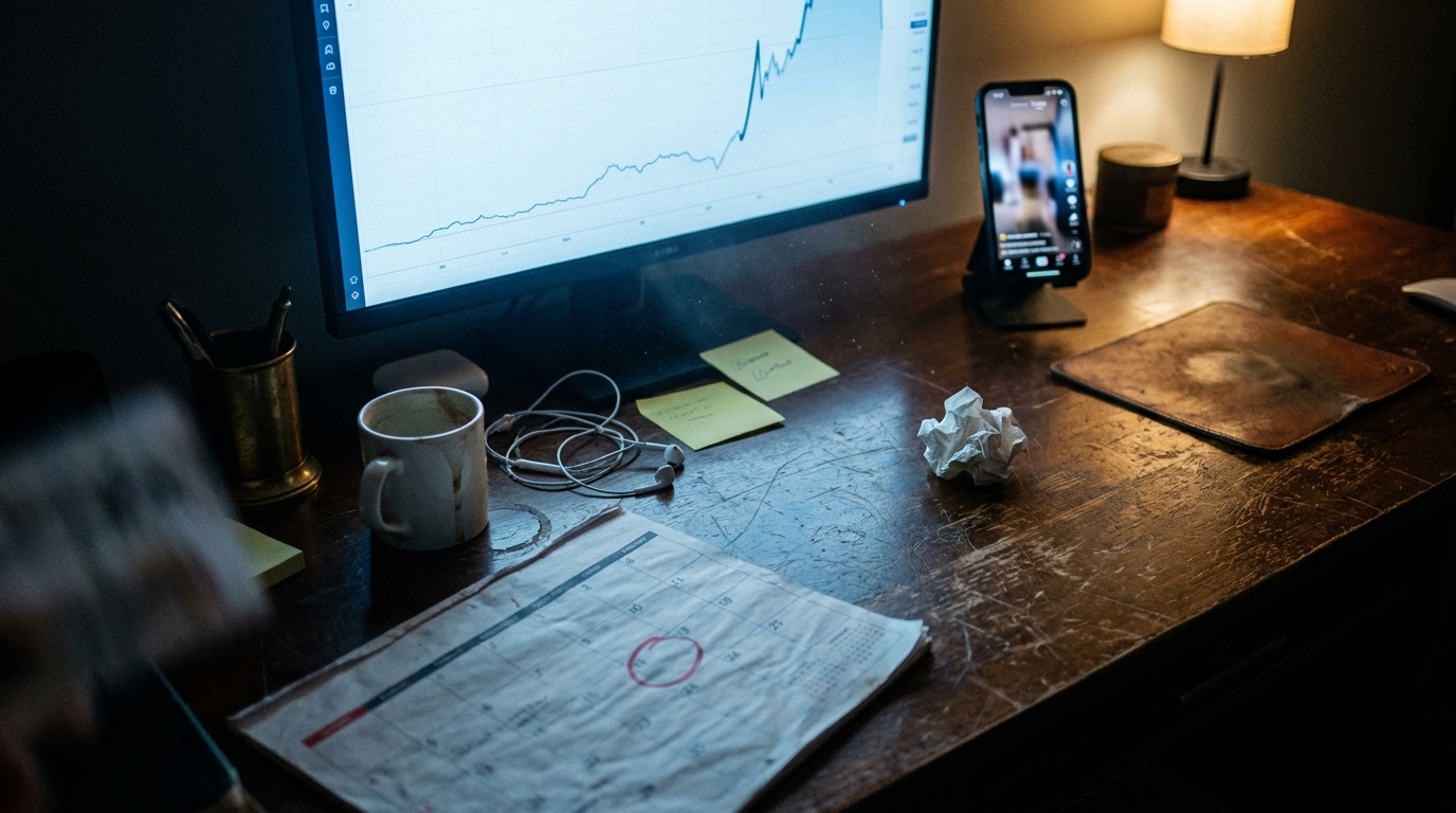 A desk lit by a monitor showing a soft-focus line chart with a sudden step up, a phone playing a vertical video, a paper calendar with one late-August date circled in red and a mug of coffee.