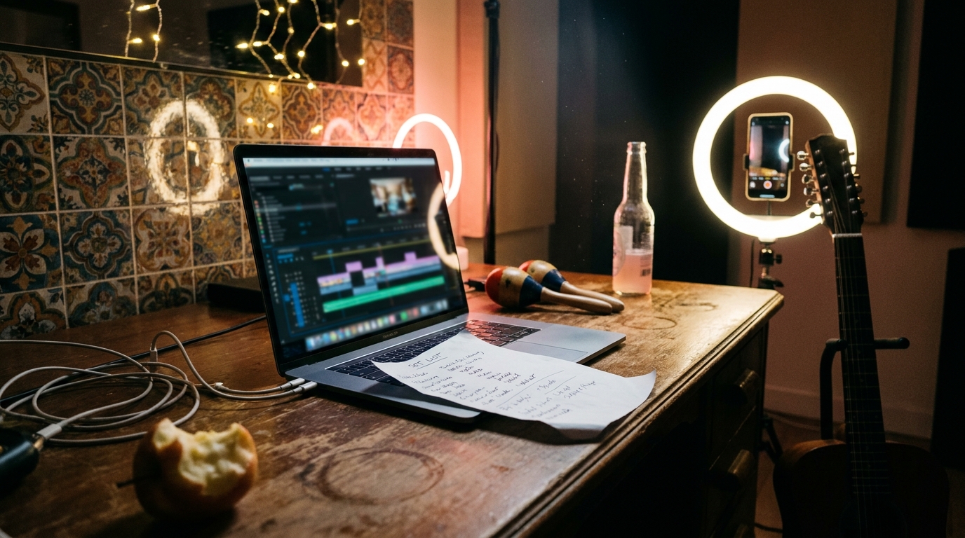 A home studio at night with a laptop showing a video timeline, a setlist, maracas, a phone in a ring light beside a twelve-string guitar and string lights on a patterned tile wall.