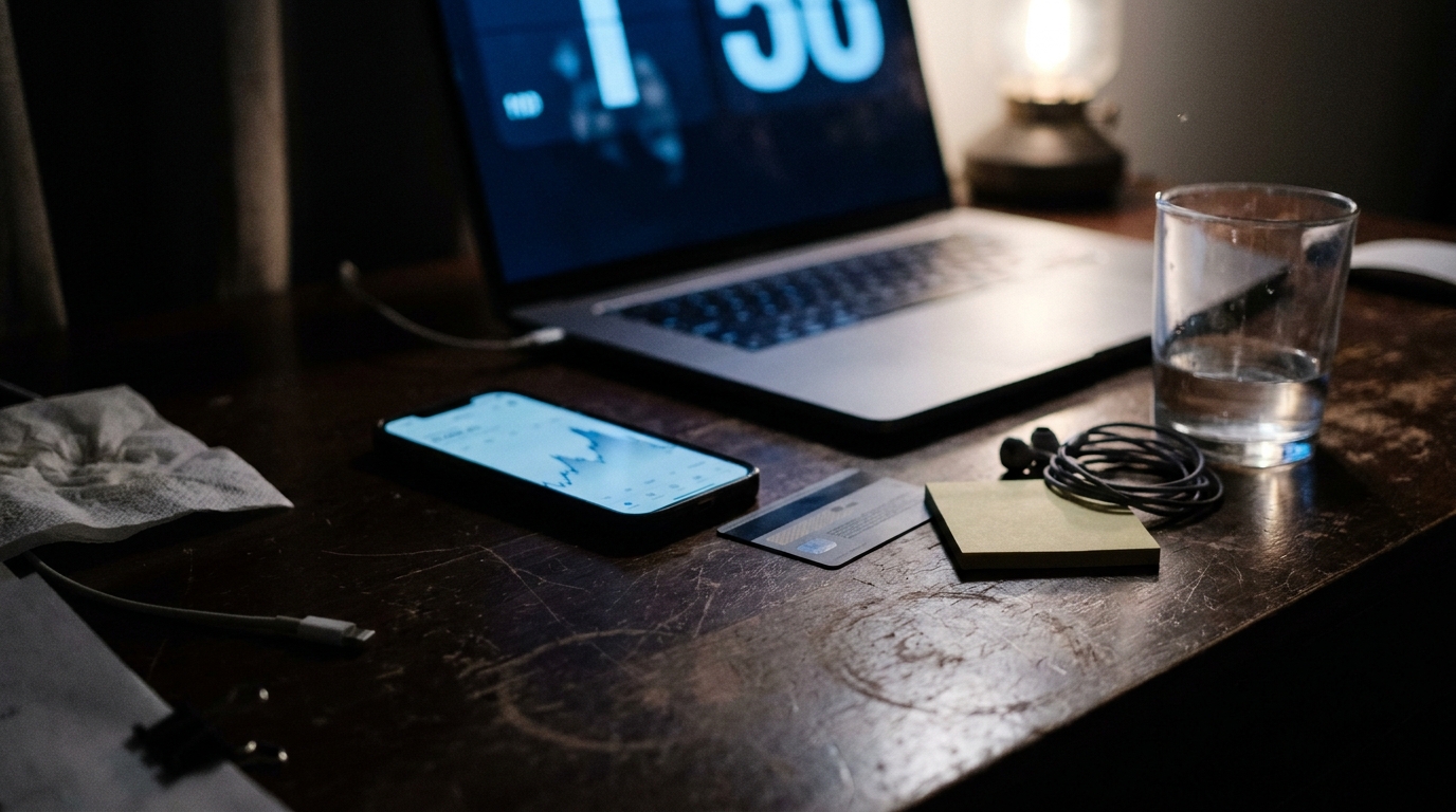 A dark desk at night with a laptop showing a large blurred number, a phone with a rising graph, a payment card, a blank sticky note pad, earbuds and a glass of water.