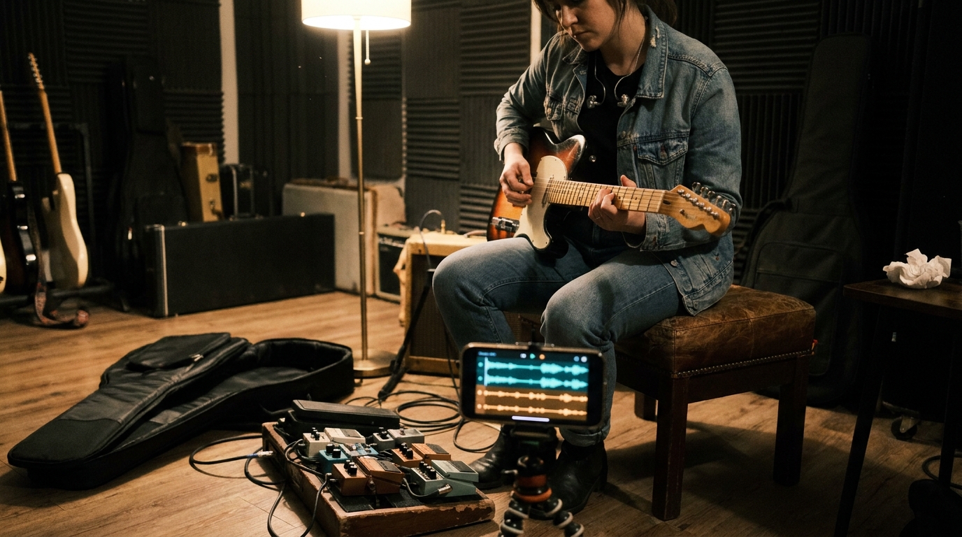 A guitarist practicing along to a phone running a stem separation app, isolated waveforms visible on screen, guitar in lap and studio monitors on the desk in soft evening light.