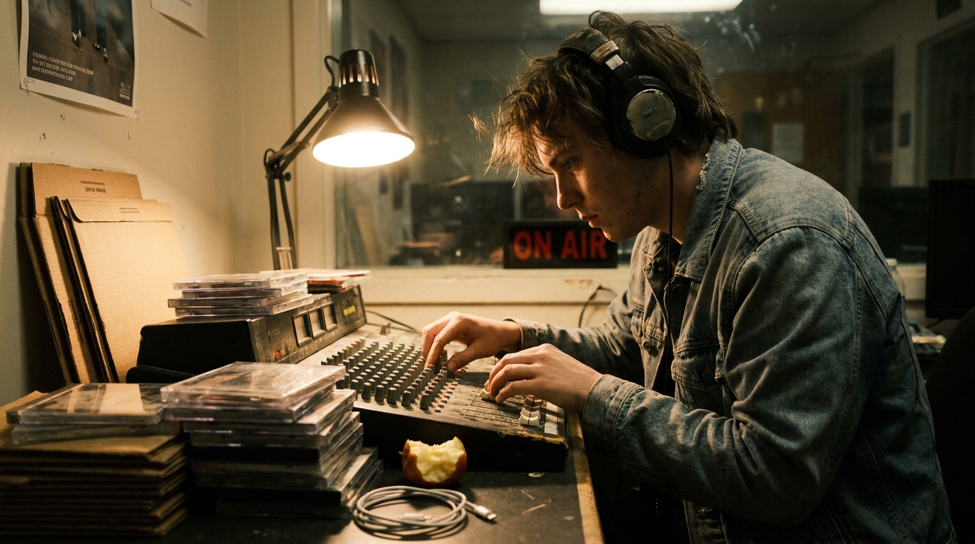 A college radio studio desk with a broadcast console, an on-air light glowing red, a stack of one-sheet press releases and a station manager's handwritten rotation log under warm studio lighting.