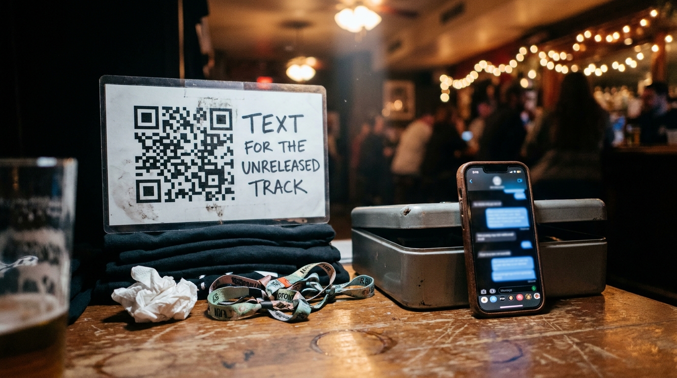 A merch table at a small venue: a laminated sign with a large QR code hand-lettered TEXT FOR THE UNRELEASED TRACK, a phone showing a text thread, a metal cash box, folded shirts, festival wristbands and a crumpled napkin under warm string lights.