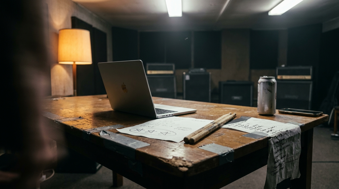 A worn wooden rehearsal-room table under fluorescent light, with a laptop turned away, drumsticks resting on a page of hand-drawn star ratings, a can, a phone and unbranded amplifier cabinets behind.