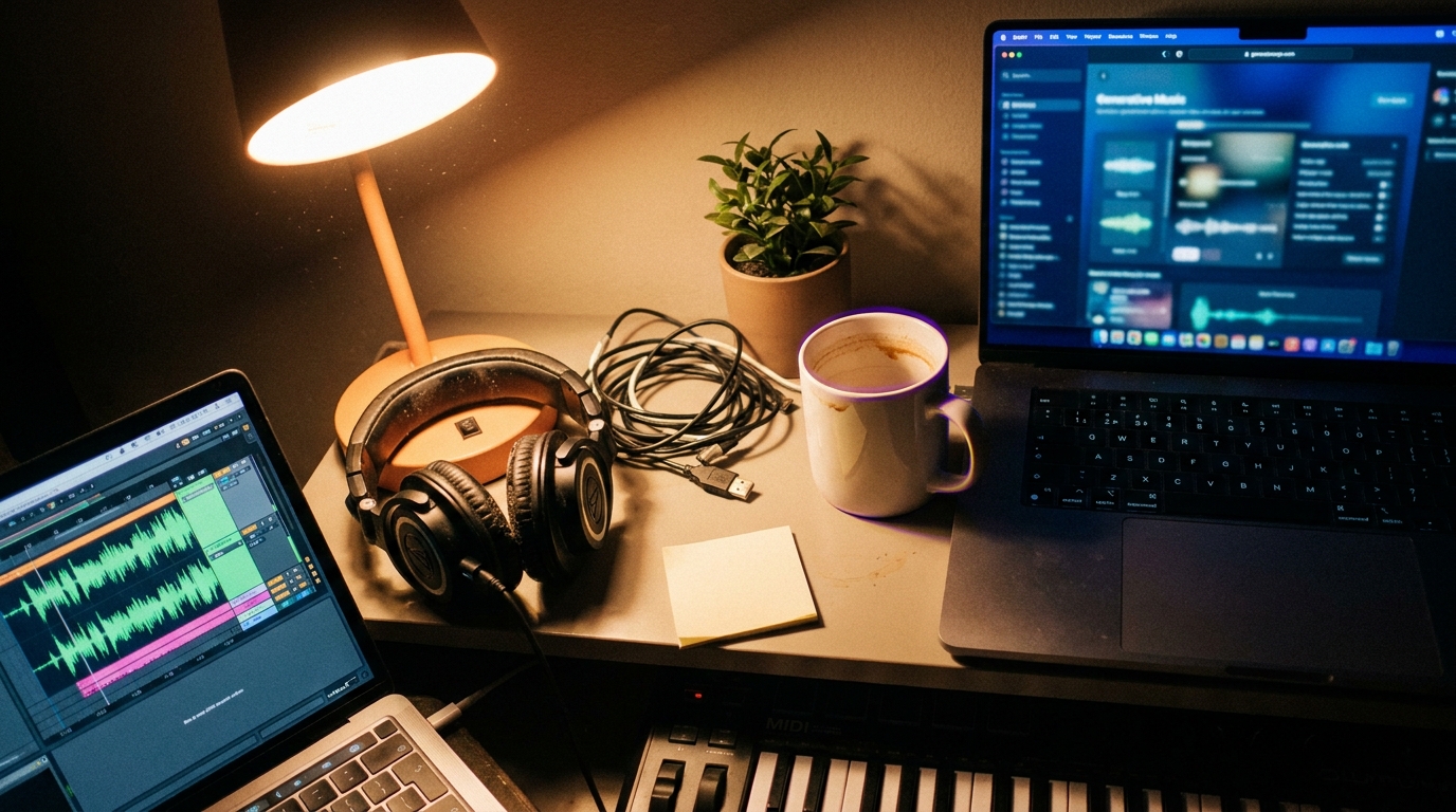 A weathered home-studio desk lit by a single warm lamp β a condenser mic on a boom arm, an open laptop showing a waveform, scattered handwritten lyric sheets, and a coffee mug, with one earbud cable trailing off the edge.