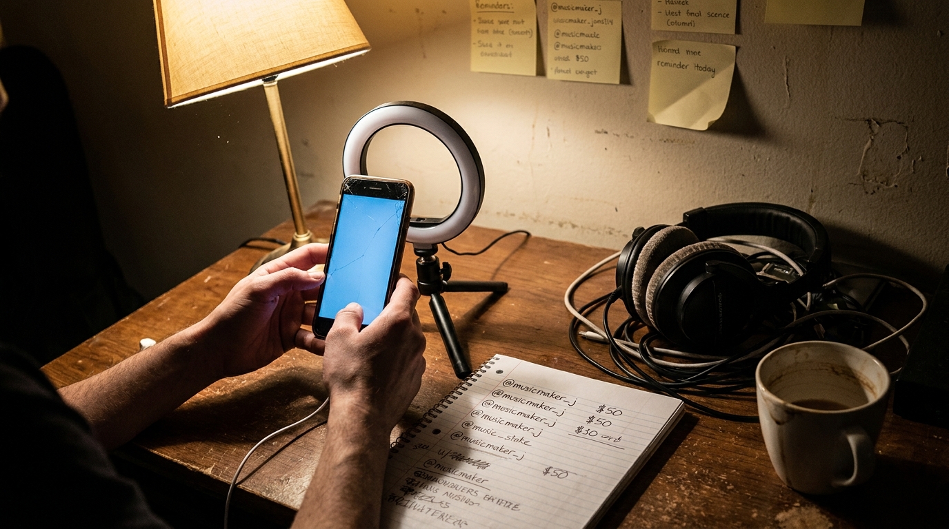 A musician's night-time home studio desk: a phone on a ring-light stand recording a vertical video, an open notebook listing creator handles and per-video fees, headphones, a coffee mug, and wall sticky notes.