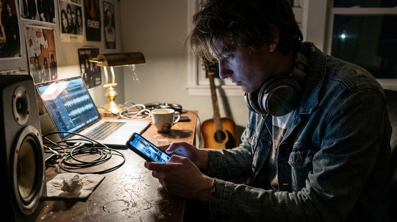 A musician filming a short-form video in a bedroom studio, phone on a small tripod with a ring light, waveform visible on a laptop screen behind, shot candid in mixed warm and cool light.