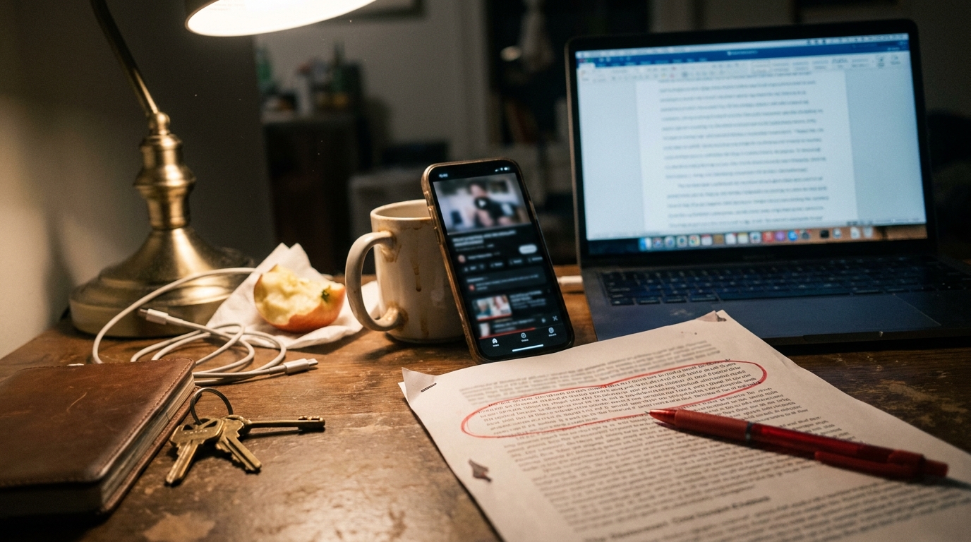 A phone on a desk showing a blurred video with a rapidly climbing view counter, a laptop with a blurred terms of service page, a pen and a printed page with one paragraph circled.