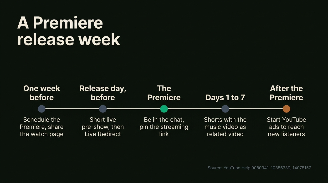 Release-week timeline for a YouTube Premiere: announce the watch page, share it, run a live pre-show, hold the Premiere with pinned links, then post Shorts that link to the video and start ads after release