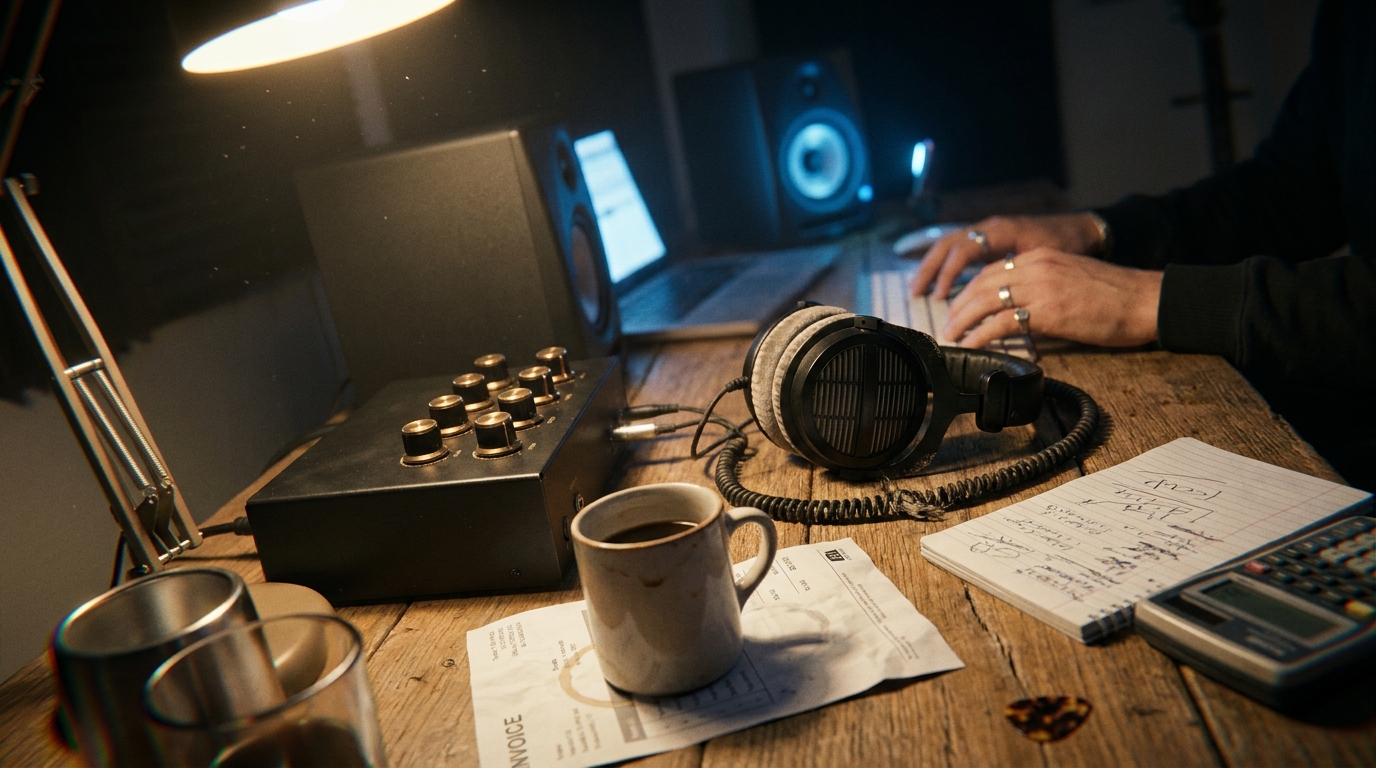 An indie musician's hands at a night home-studio desk beside a Dolby Atmos audio interface, frayed-cable headphones, a printed invoice with a coffee-ring stain, a notebook and calculator under warm lamp and cool monitor light.