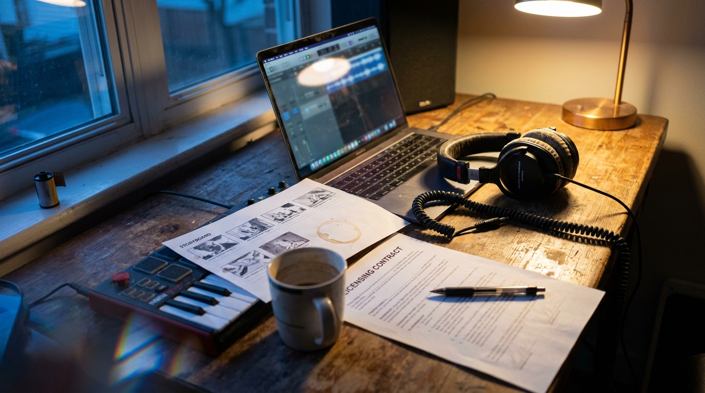 An indie musician's home studio desk at dusk: open laptop, worn studio headphones on a coiled cable, a coffee-stained TV storyboard printout, a MIDI keyboard, and a paper licensing contract with a pen across it.