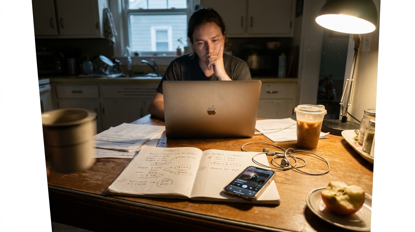 A clean desk with a printed price sheet, a calculator, a cup of coffee and a laptop showing a plans page as a soft-focus silhouette in bright morning light.