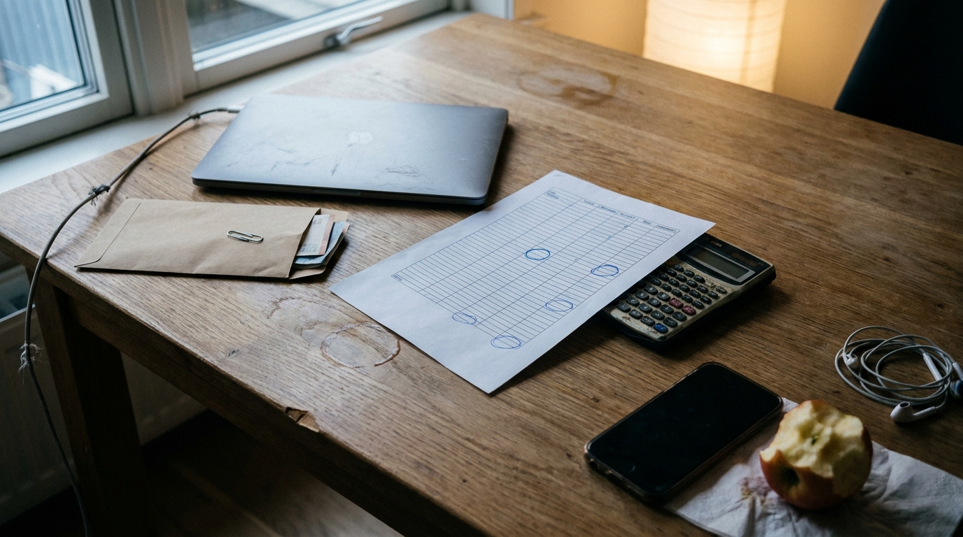 A kitchen table set up for release budgeting: a ruled price sheet with blue ballpoint circles under a worn calculator, a closed laptop, a kraft envelope of banknotes, a phone and earbuds.