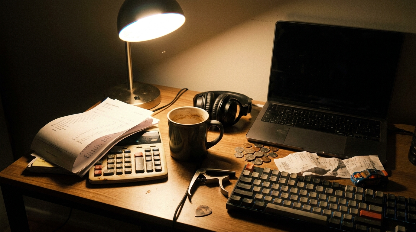 A musician's lamp-lit night desk with a curled paper royalty statement, a worn calculator, loose coins and receipts, studio headphones and a coffee-ringed mug on weathered oak.