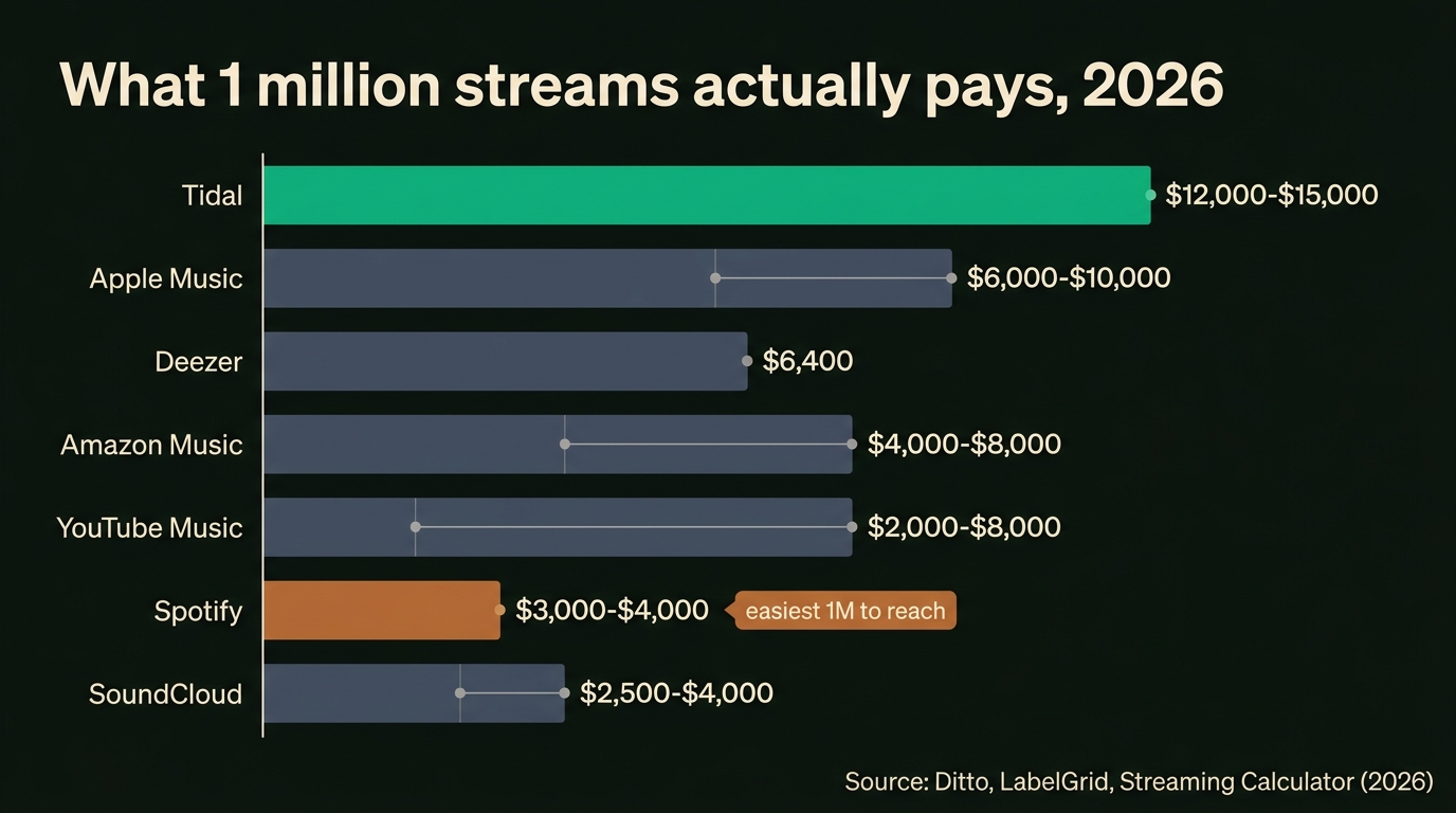 Horizontal bar chart of earnings per 1 million streams in 2026: Tidal $12,000-$15,000, Apple Music $6,000-$10,000, Deezer $6,400, Amazon Music $4,000-$8,000, YouTube Music $2,000-$8,000, Spotify $3,000-$4,000, SoundCloud $2,500-$4,000.