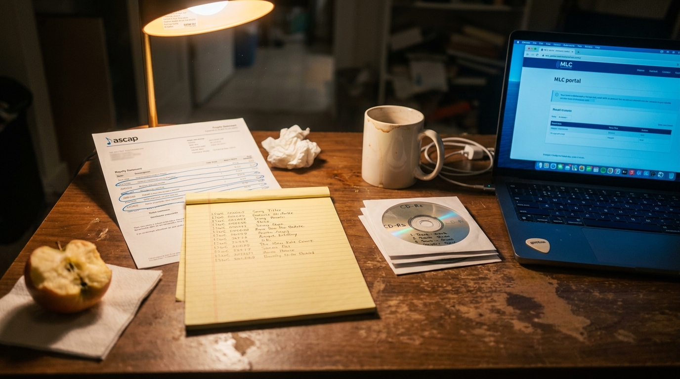 Independent songwriter at a desk reviewing a Mechanical Licensing Collective royalty statement on a laptop, with sheet music and a coffee cup beside the keyboard.